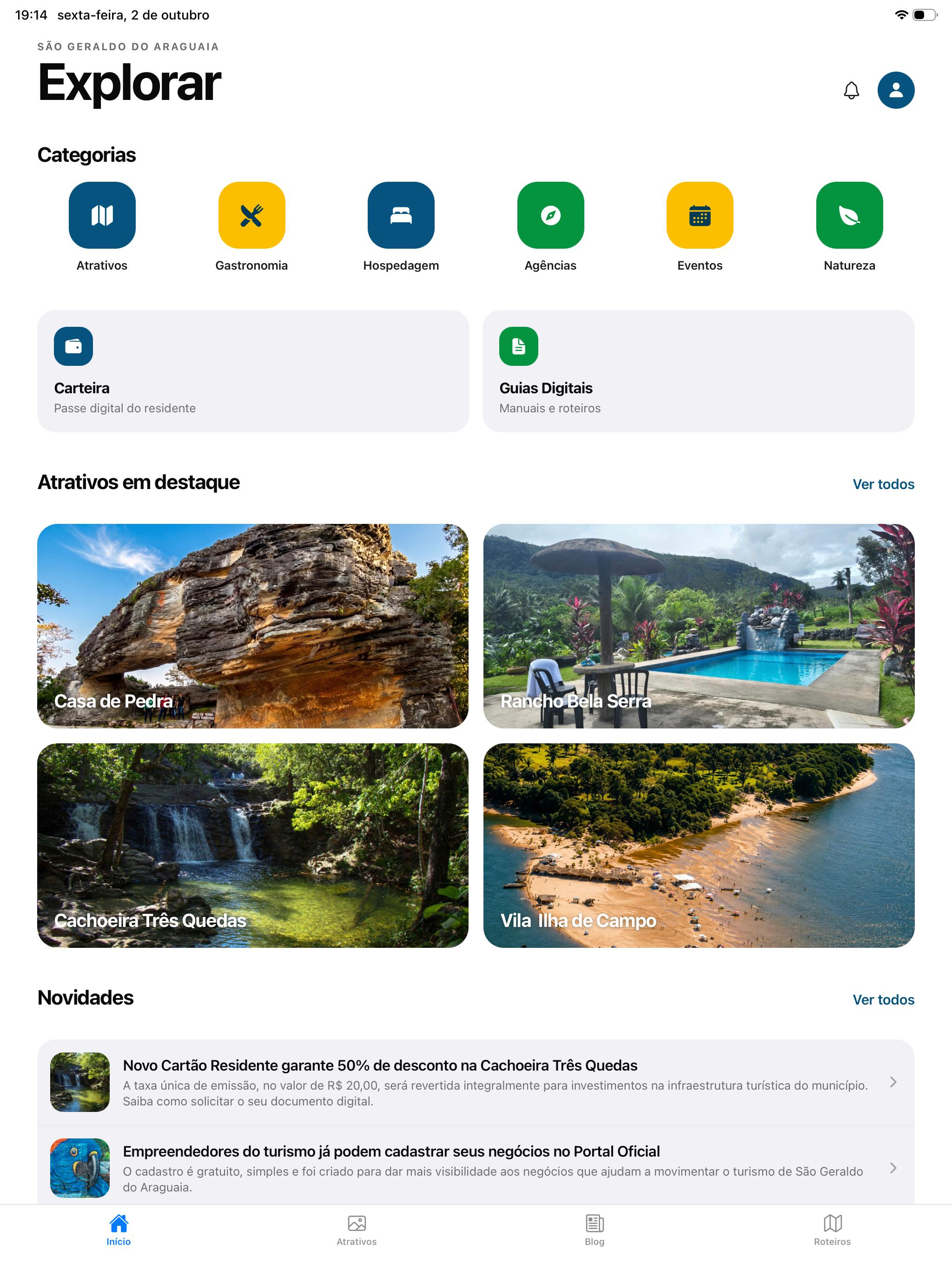 Tela de exploração do app SagaTurismo no iPad